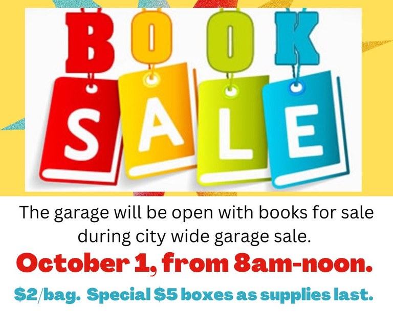 The garage will be open with books for sale during city wide garage sale on October 1, from 8am-noon.jpg